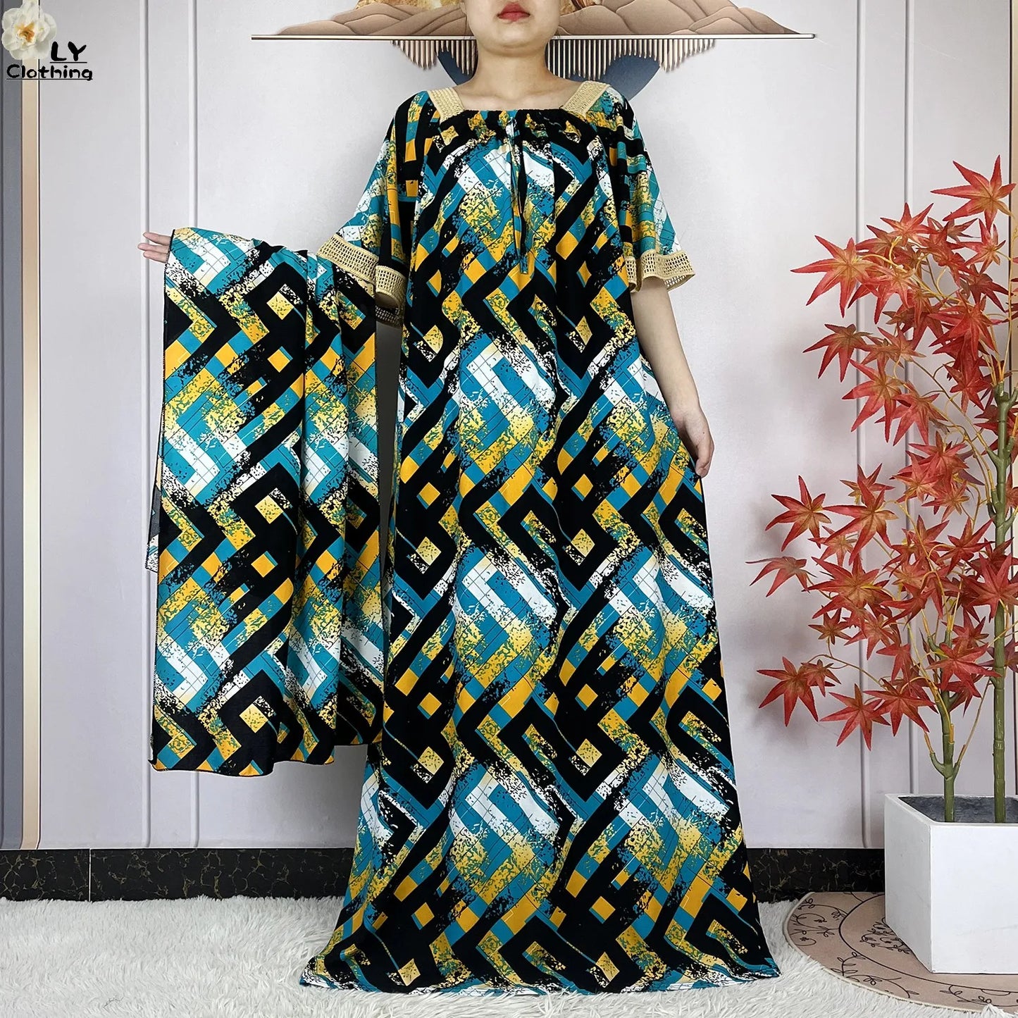 New Muslim Dress Woman Short Sleeve Dashiki African Abaya Tie-dyed Printing Cotton Loose Femme Robe Islamic Dresses With Scarf