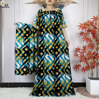 New Muslim Dress Woman Short Sleeve Dashiki African Abaya Tie-dyed Printing Cotton Loose Femme Robe Islamic Dresses With Scarf