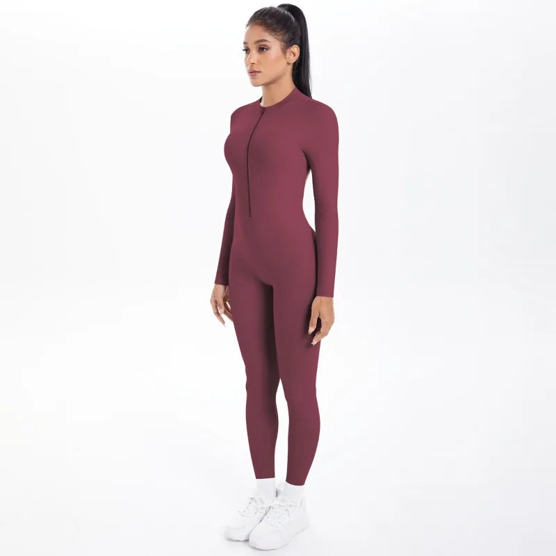 Women's Long Yoga Bodysuit with Half-Zip Sexy Back & Butt Lift for Fitness Running Outdoor Sportswear.