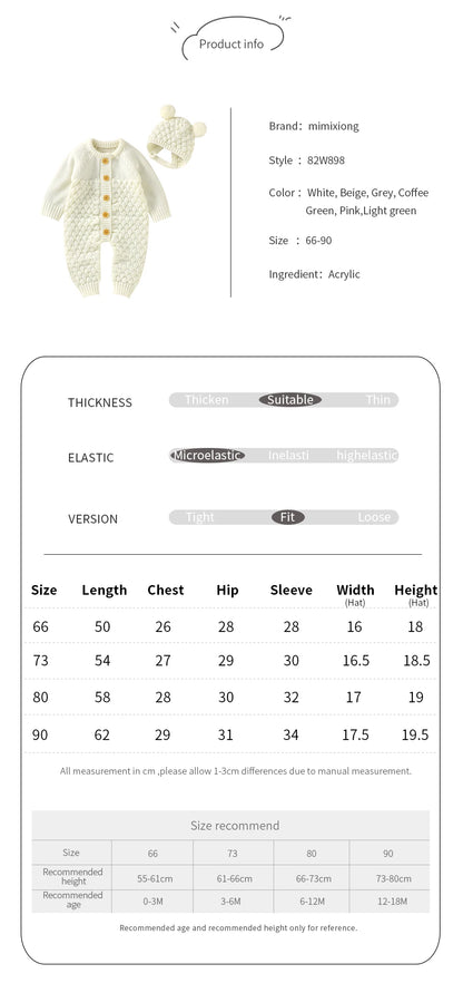Autumn Baby Rompers Solid Long Sleeve Knitted Newborn Boys Girls Winter Outwear Jumpsuits Hats Clothes Sets 0-18m Infant Outfits