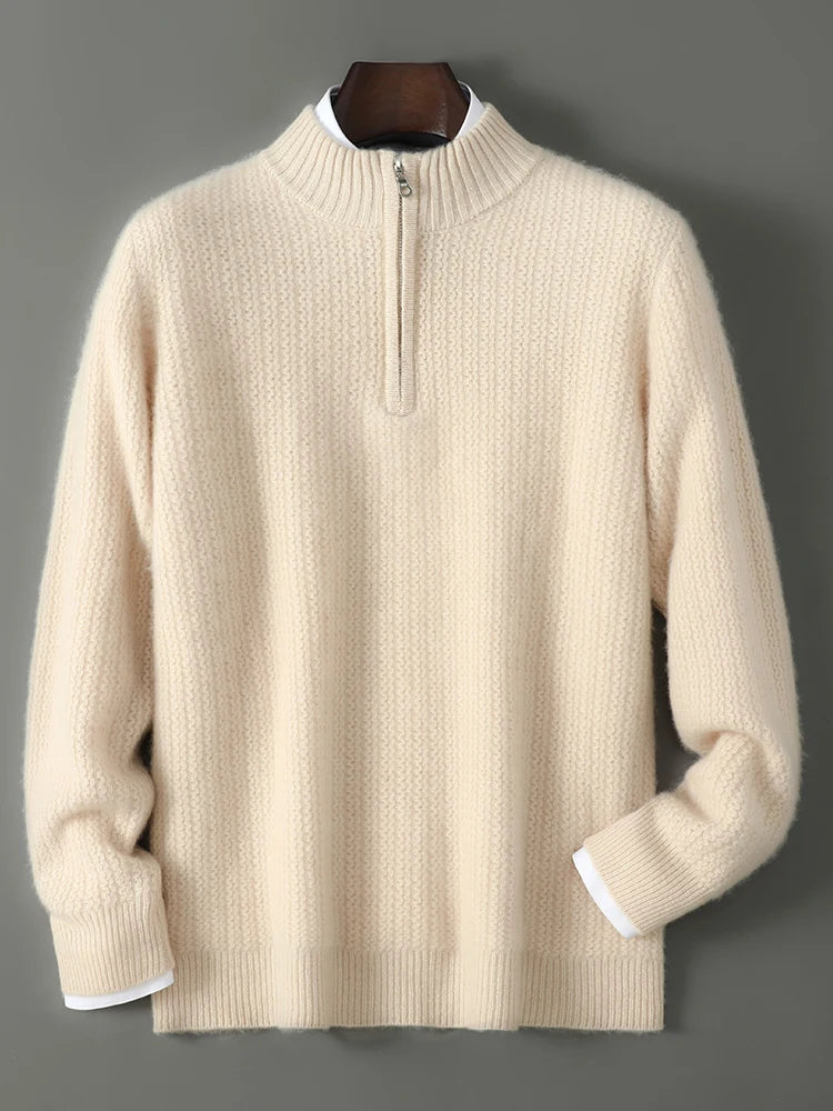 Men's 100% Merino Wool Thicken Sweater Half Zipper Mock Collar Pullover Autumn Winter Cashmere Knitwear Business Casual Clothing.