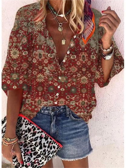 2024 New Women's Shirts & Blouses Fashion Vintage Printed Casual Vacation Bohemian Style Lady Single-breasted Shirt Streetwear.