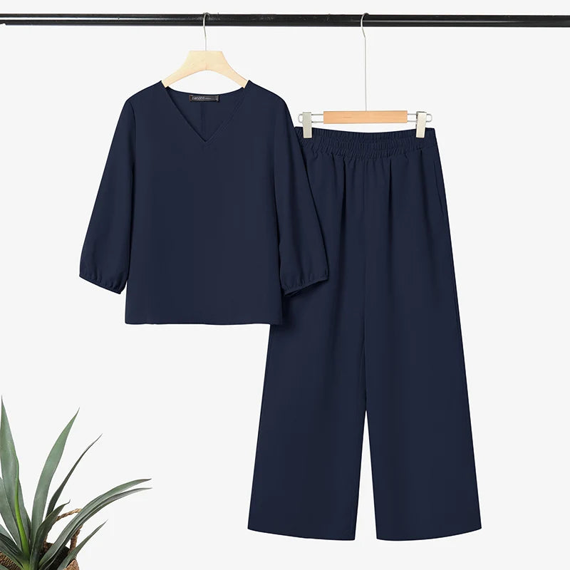 ZANZEA Autumn 2 Piece Sets Women Pant Sets Casual V Neck Long Sleeve Tops Pant Suit Elegant Solid Work Tracksuit Oversize 2025