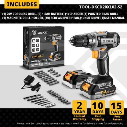 Die 20-V-Akku-Bohrmaschine von DEKO verfügt über zwei Wechselgeschwindigkeiten. 18+1 Drehmomentschraubendreher. 29-teiliges Bohrset mit 1,5-Ah-Akku und Ladegerät