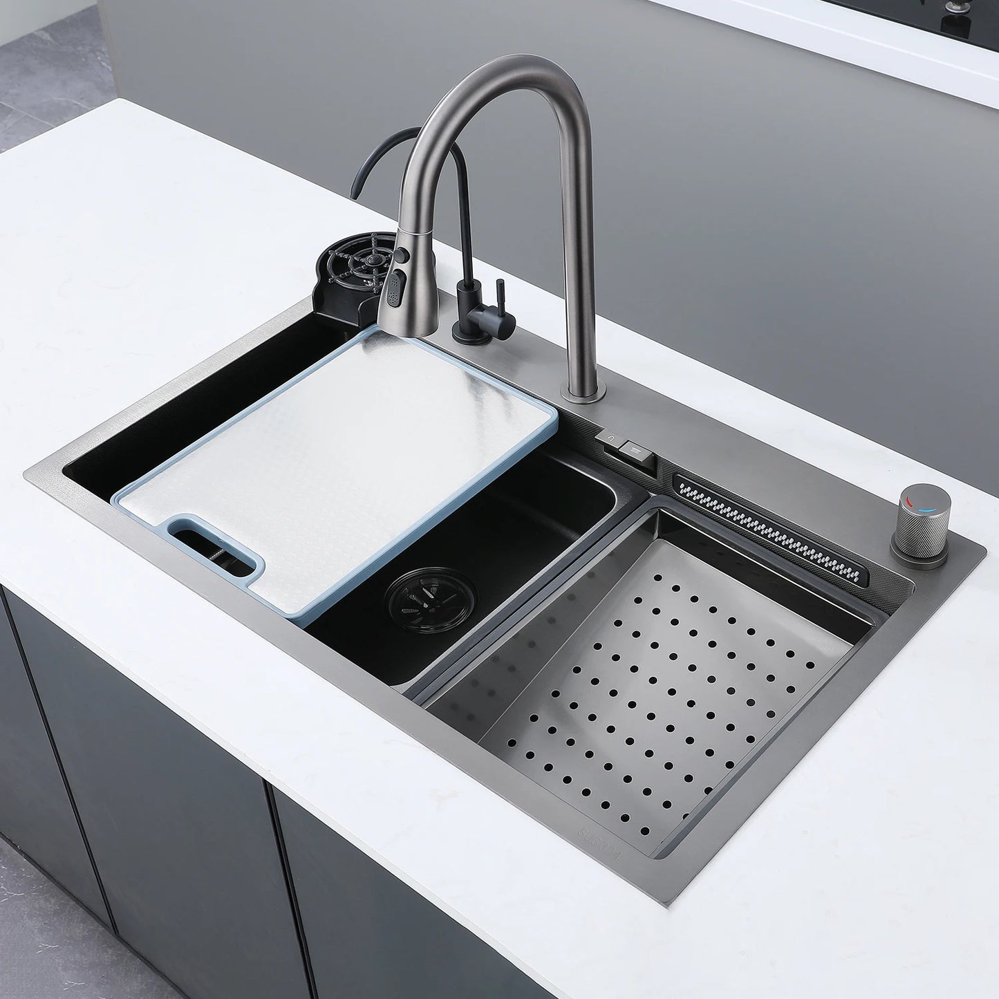 Küchenspüle aus Edelstahl mit Wasserfall, großer Einzelschlitz, multifunktionale Geschirrspülbecken, Unterbaubecken