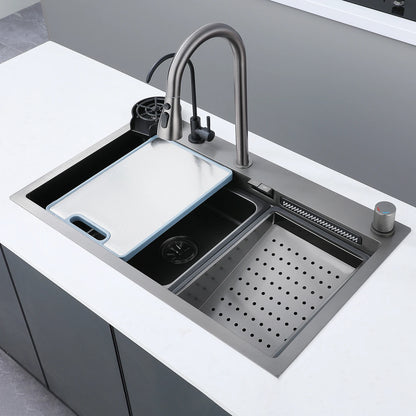 Küchenspüle aus Edelstahl mit Wasserfall, großer Einzelschlitz, multifunktionale Geschirrspülbecken, Unterbaubecken