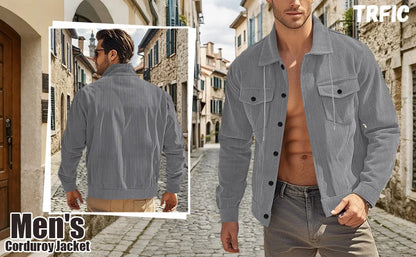 Men's Corduroy Jacket Stand-up Collar Slim Fit Retro Multi-pocket Workwear Commuter Coat for Spring And Autumn.