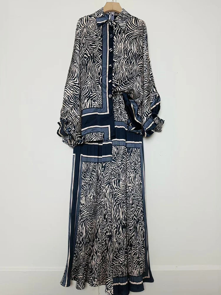 Designer's retro geometric print loose shirt two-piece set for Spring 2025 women's wear + pleated wide-leg pants fashion set.