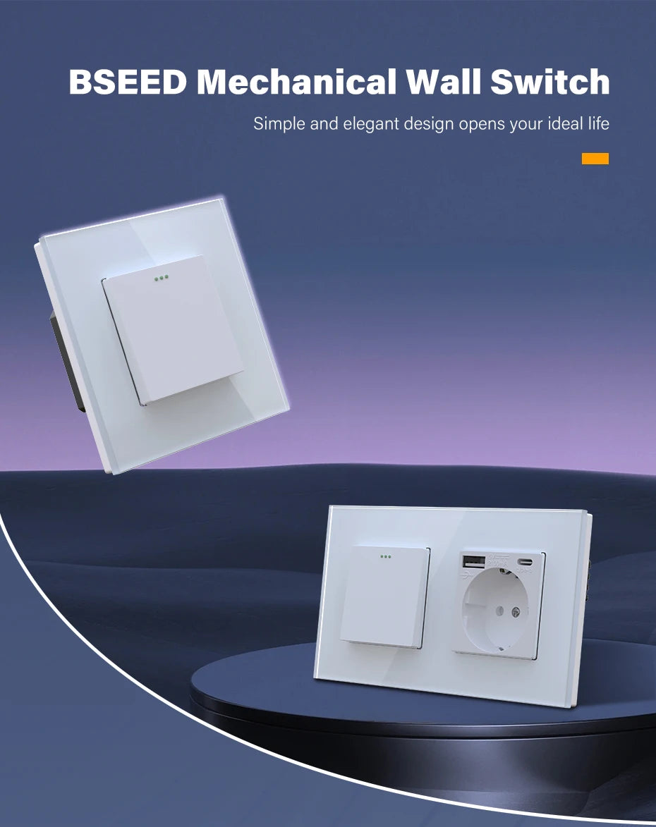 BSEED 1/2/3 Gang Wandschalter 2-Wege-Treppenlichtschalter Plus Typ-C USB-Buchse EU-Standard-Glasscheibe.