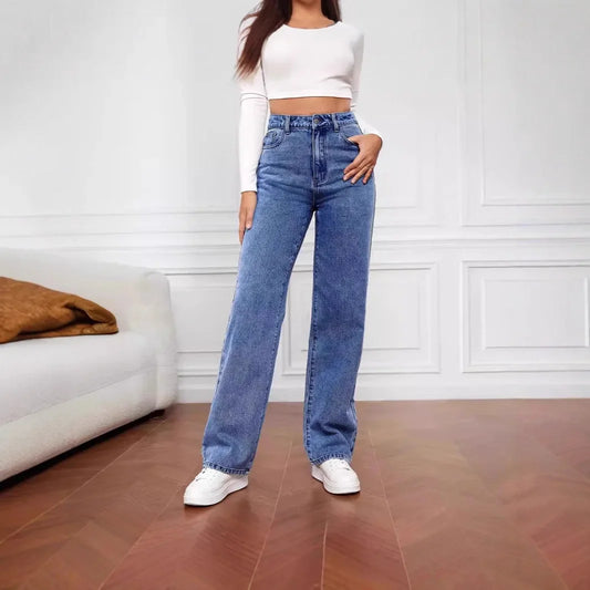 Casual Fashionable Elastic Washed Denim Straight Leg Jeans Women's Loose Straight Leg Trousers High Waist Chinese Production.