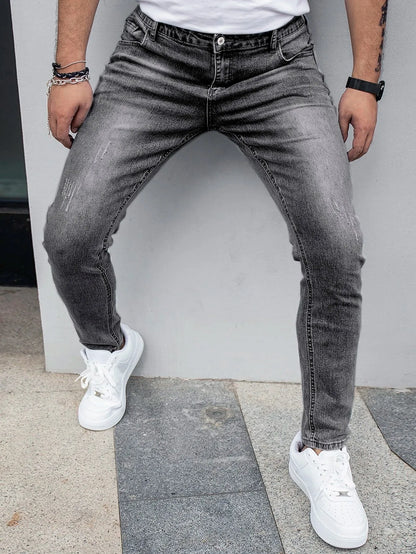 1 Piece of Men's Four-Season Snowflake Washed Fashion Jeans, Stretch Slim Fit Light Gray Dark Black Casual Denim Pants, Normcore and Fashionable, Suitable for Everyday Wear.