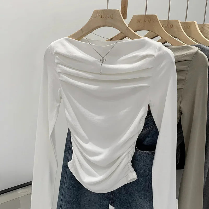 Spicy Girl Style One-Collar Ruffles Cropped Long Sleeve T-Shirt Women's Autumn/Winter New Arrival Base Layer Sweatshirt.