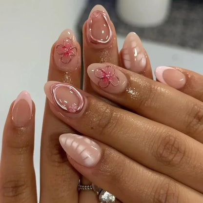 3D Flowers Gold Bead Lace White Daisy Bowknot Long Pointed Fake Nails Art Almond False Nails Press on Nails Charms Manicure Tool.