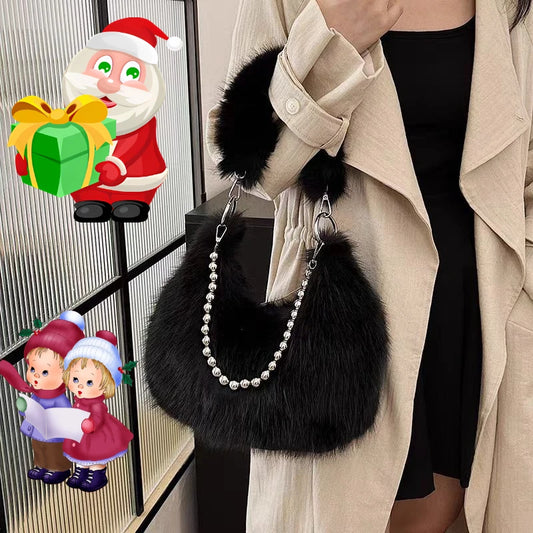Luxurious Faux Fur Tote Bag Chic Underarm Shoulder Bag Stylish Handbag & Purse with Pearl Chain Strap, Polyester Lined Interior.