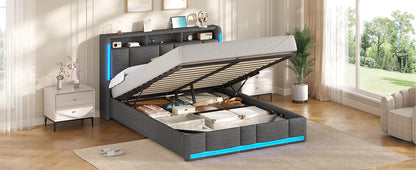 140 x 200 cm großes Polsterbett mit Doppelbettrahmen und LED-Beleuchtung und Ladestation. Kopfteil inklusive schwebendem Bettdesign