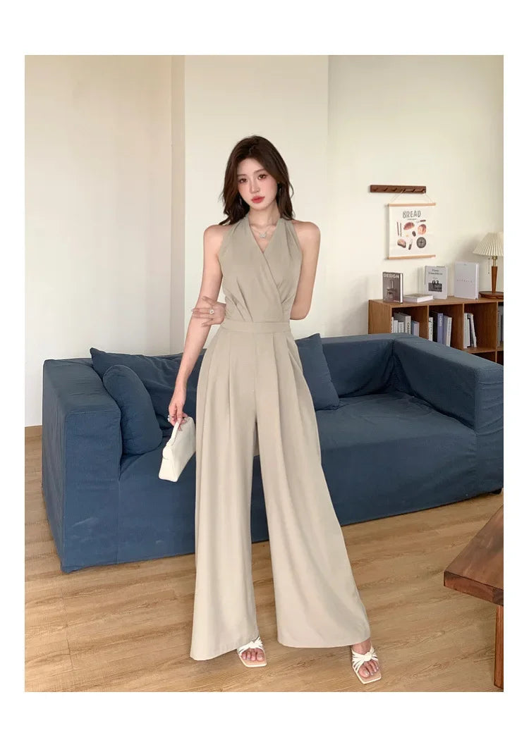 French Vintage Polyester Halter One-Piece Pants Women's Summer Business Commute High Waist Slimming Versatile Suit Long Pants.