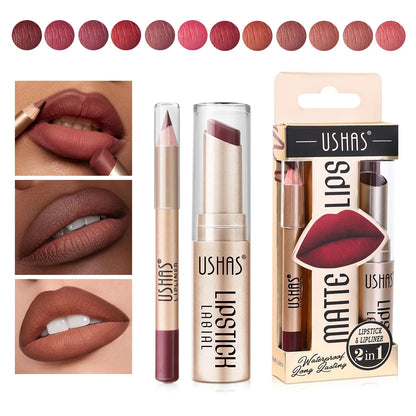 2 In 1 Lipstick Lip Liner Set 24 Hours Water Resistant Lipsticks Matte Lip Pencil Cosmetic Korean makeup Lip Gloss Tint Stain.