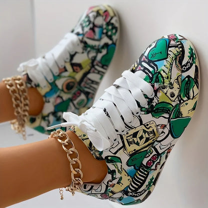 Women's Graffiti Print Sneakers Fashion Lace-up Low-top Platform Sneakers Casual Skateboard Shoes Sneakers New Vulcanized Shoes.