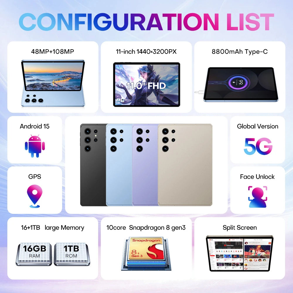 Original Pad 9 Pro 11 Inch 16GB RAM 1TB ROM tablet Android 15 Core Pad Tablet PC Phone Dual Wifi tablette android 8800mah.