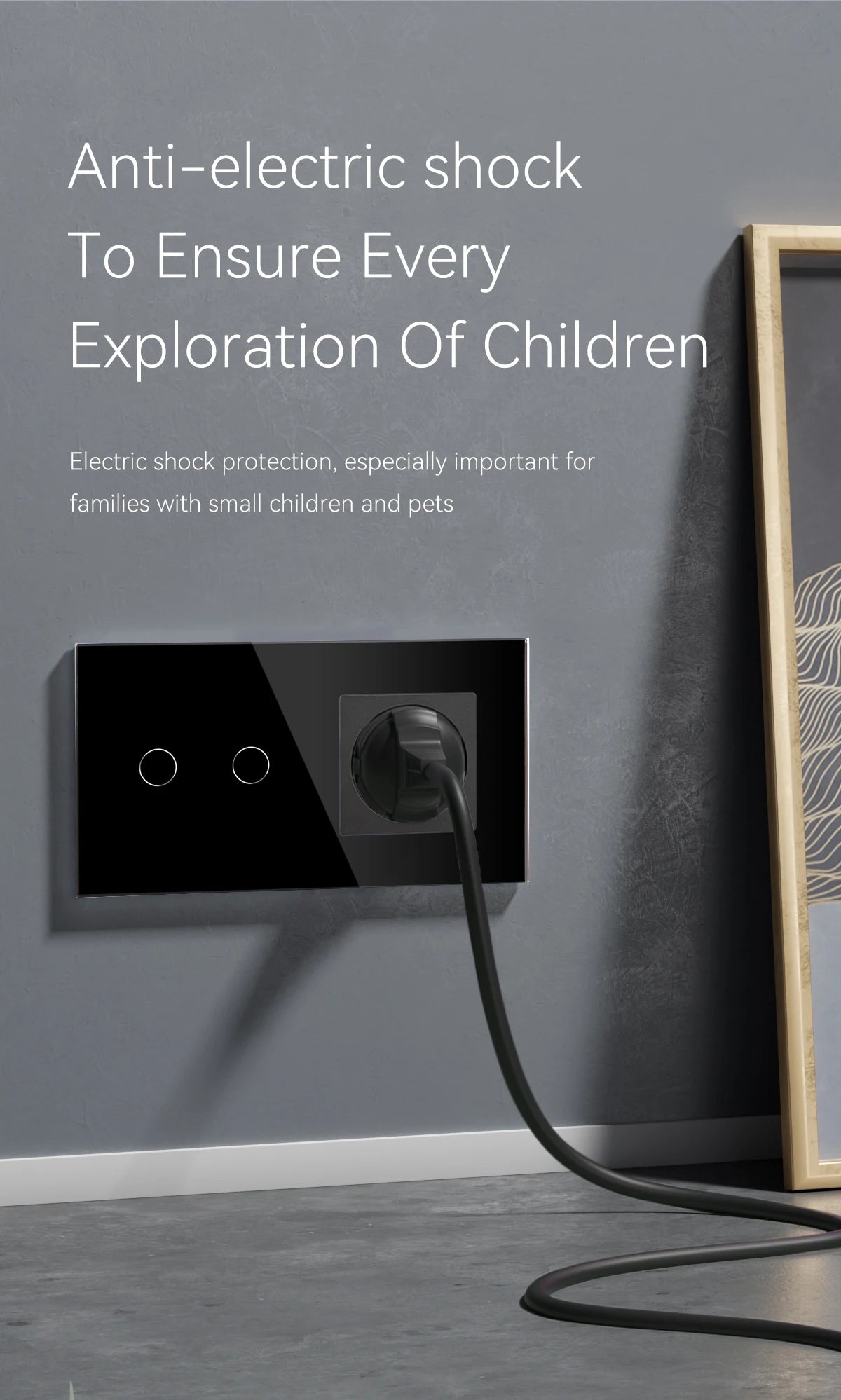 BSEED 1/2/3Gang Touch-Schalter 1-Wege-Lichtschalter mit EU-Steckdosen USB Typ-C-Steckdosen Glasscheibe Schwarz.