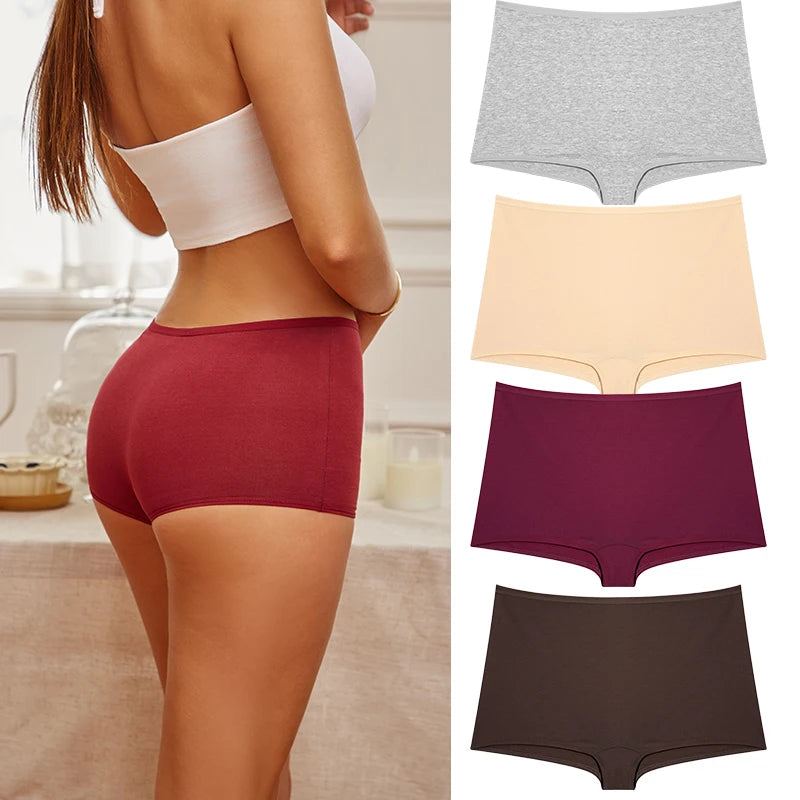 4PCS/Set Women Cotton Panties Sexy Low Rise Boyshorts Seamless Sports Boxers Female Comfortable Underwear Solid Color Lingerie.