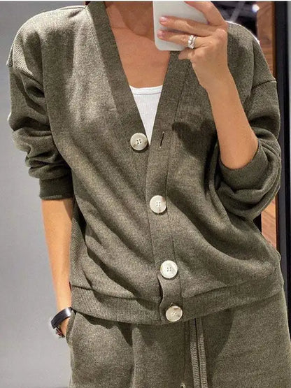 Autumn Fashion Knitted Cotton Women's Sports Jacket Suit Simple Trousers Pocket Casual Cardigan Elegant 2-piece Set Female.