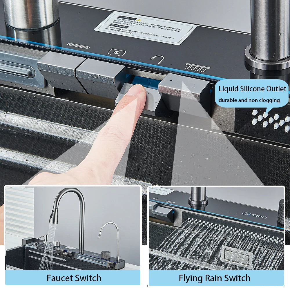 Stainless Steel Kitchen Sink with Hot Cold Pull Out Kitchen Sink Faucets Digital Large Single Bowl Waterfall Rain Kitchen Sinks