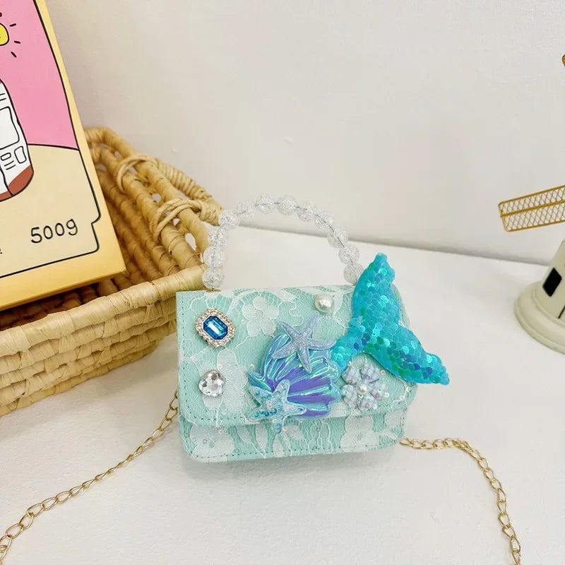Lovely Sequin Girls Square Shoulder Bag Fish Tail Starfish Princess Crossbody Bags Bead Handle Children's Small Handbags Purse