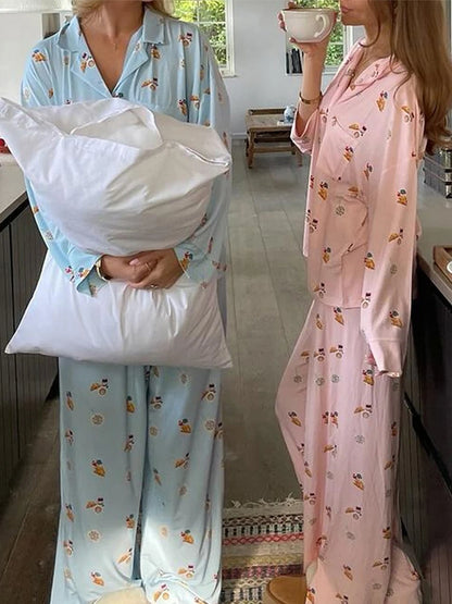 Maemukilabe Women Y2K Floral Pajama Set Long Sleeve Shirt and Pants Set Vintage 2 Piece Lounge Set Cute Bow Pjs Sleepwear.