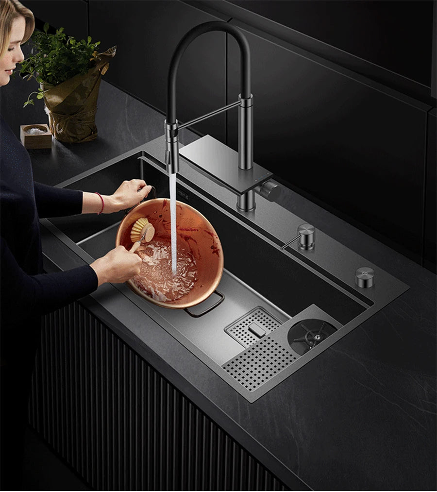 ASRAS New Waterfall Faucet Kitchen Sinks Nanometer Large Size 4mm Panel Handmade Sinks Cup Rinser Kitchen Sinks