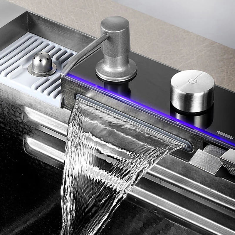 Kitchen Basin Stainless Steel Waterfall Sink Large Single Slot Integrated Digital Display Faucet Set Soap Dispenser Cup Washer