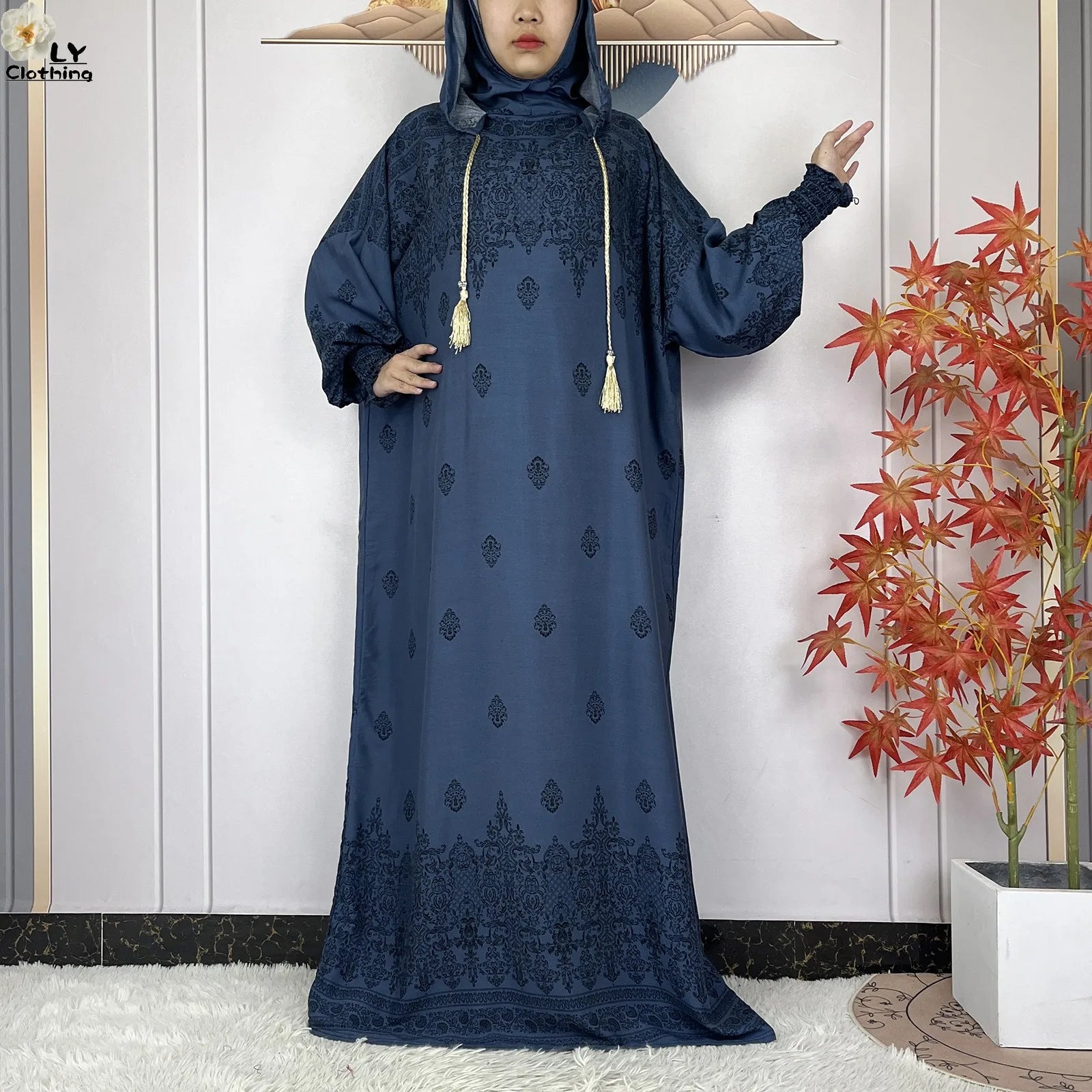 2025 Women Long Sleeves Dress Cotton Ramadan Abaya with Two Hats Muslim Women's Kaftan Dress Dubai Turkey Islam Prayer Clothing.