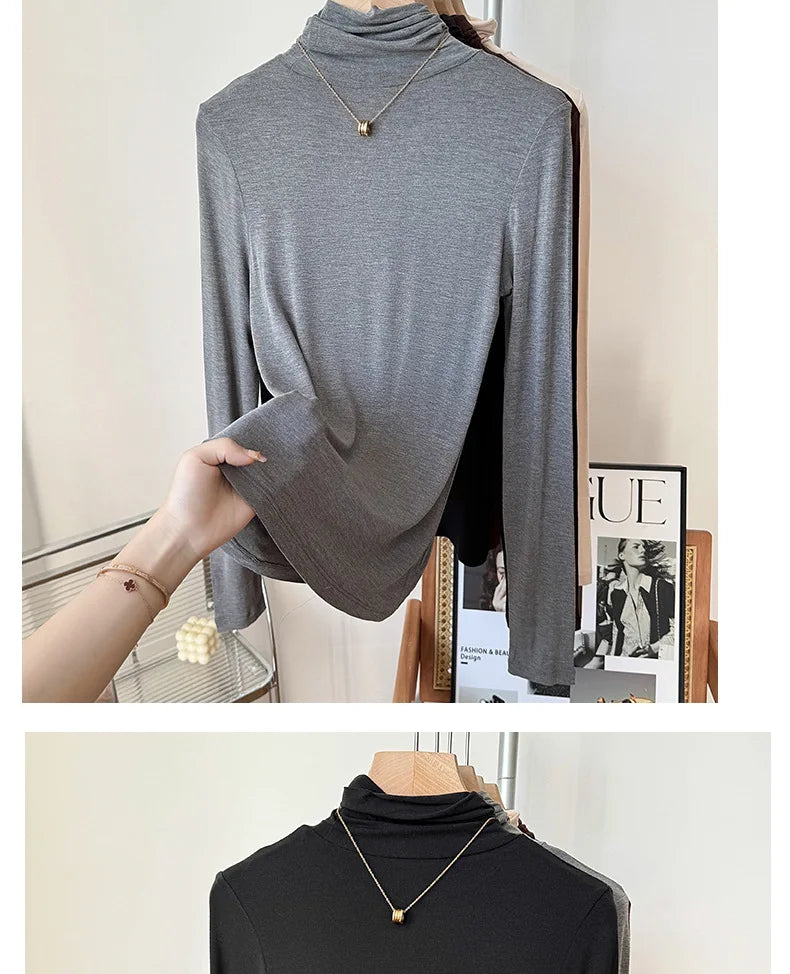 Yuyue Women's High-necked High Strecth Bottoming Shirt Old Money Style Silk Pile Collar Base Top Contain Mulberry Silk and Wool.