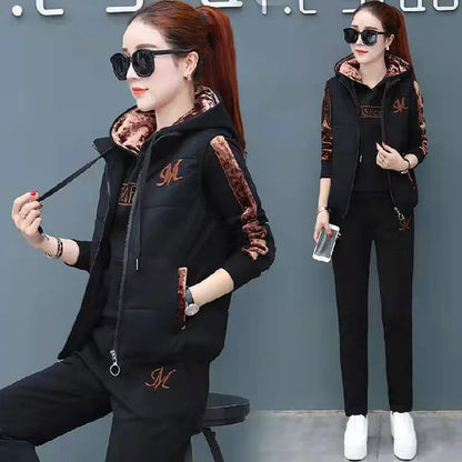 Winter 3 Pcs/Set Women Waistcoat Top Pants Set Letter Embroidery Ladies Winter Tracksuit Color Block Three-piece Sweatpants Set.