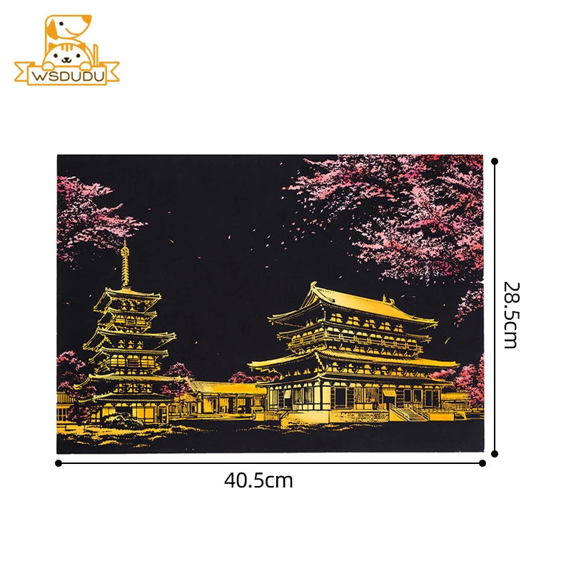 4PCS Scratch Art Paper World Landmarks Animals Painting Toy with Stylus Stress Relief Drawing Kids Adult Gift Glow in Dark Craft.