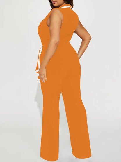 Women's Overalls Outfits Full Length New Fashion 2025 Summer V Neck Elegant Sleeveless Office Lady Jumpsuit Wide Leg Pants.