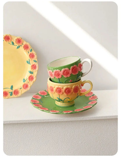 Flower Plate Embossed Small Flower Breakfast Dessert Plate Household Ceramic Plate Under Glaze Colored Hand-painted Tableware.