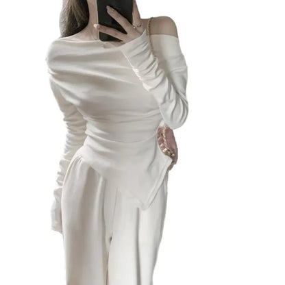 Spicy Girl Apricot One-Shoulder Base Shirt Women's Slim Fit Asymmetrical Long Sleeve T-Shirt Spring Autumn Inner Wear Top.