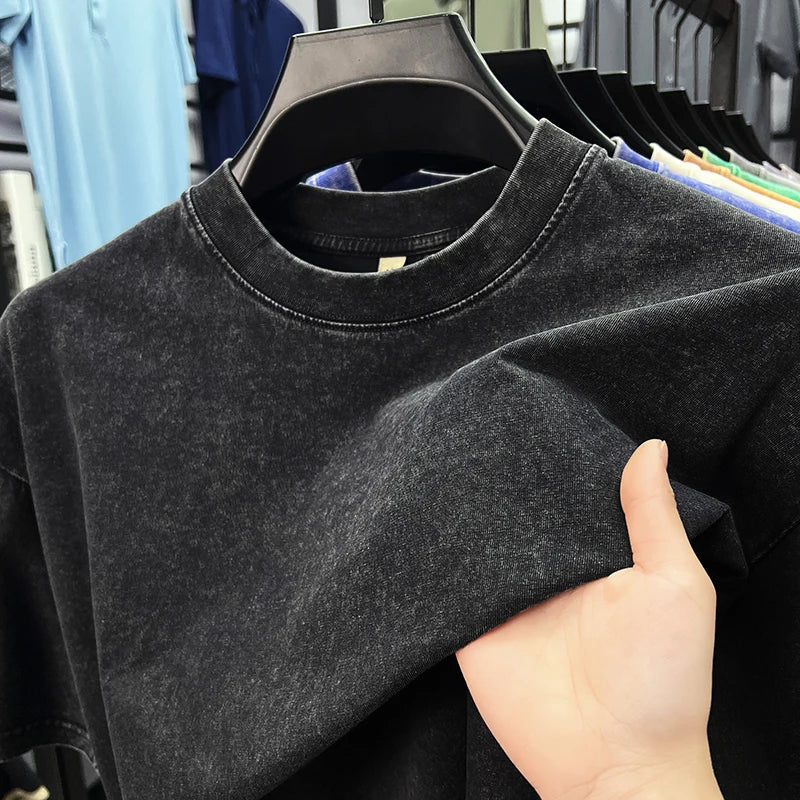 Personality washed vintage short sleeve T-shirt high-end 100% pure cotton men fashion round neck comfort lightweight casual top