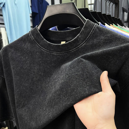 Personality washed vintage short sleeve T-shirt high-end 100% pure cotton men fashion round neck comfort lightweight casual top