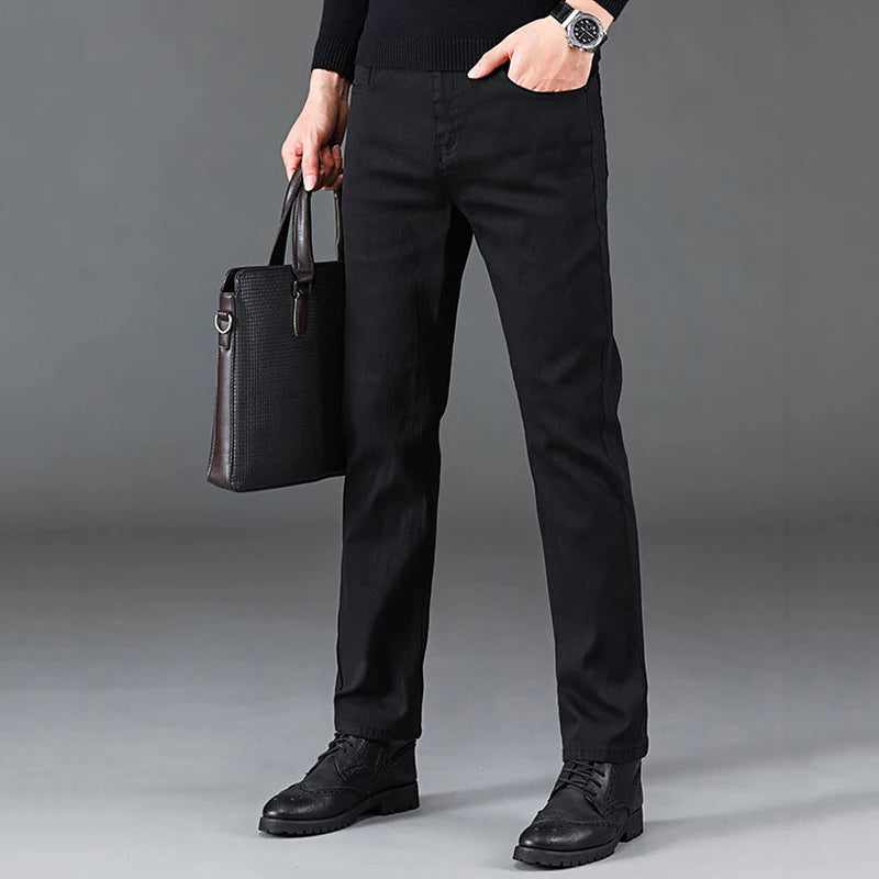 Men Business Denim Pants Male Classic Casual Straight Leg Slim Fit Trousers Elastic Solid Smoke Gray Pants.