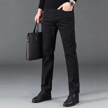 Men Business Denim Pants Male Classic Casual Straight Leg Slim Fit Trousers Elastic Solid Smoke Gray Pants.