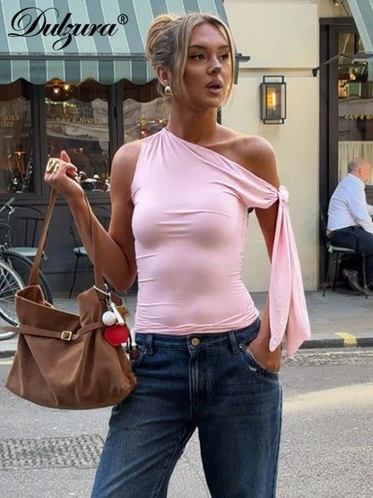 Dulzura Ladies Inclined Shoulder Sleeveless Slim Fit Lace Up Tank Top Solid Sexy Casual Y2K Top Party Club Street Summer Clothes.