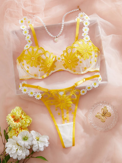 Ladies' youthful and beautiful yellow daisy summer semi transparent embroidered underwear, cute and sweet style, adjustable shou.