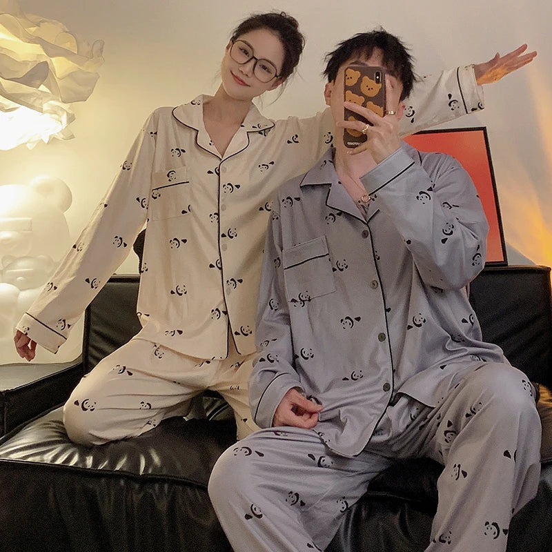 Pajamas Women Pajama Man Set Cotton Plus Size Spring Autumn Long-sleeved Korean Cardigan Casual V-neck Nightwear Couple Pyjamas.