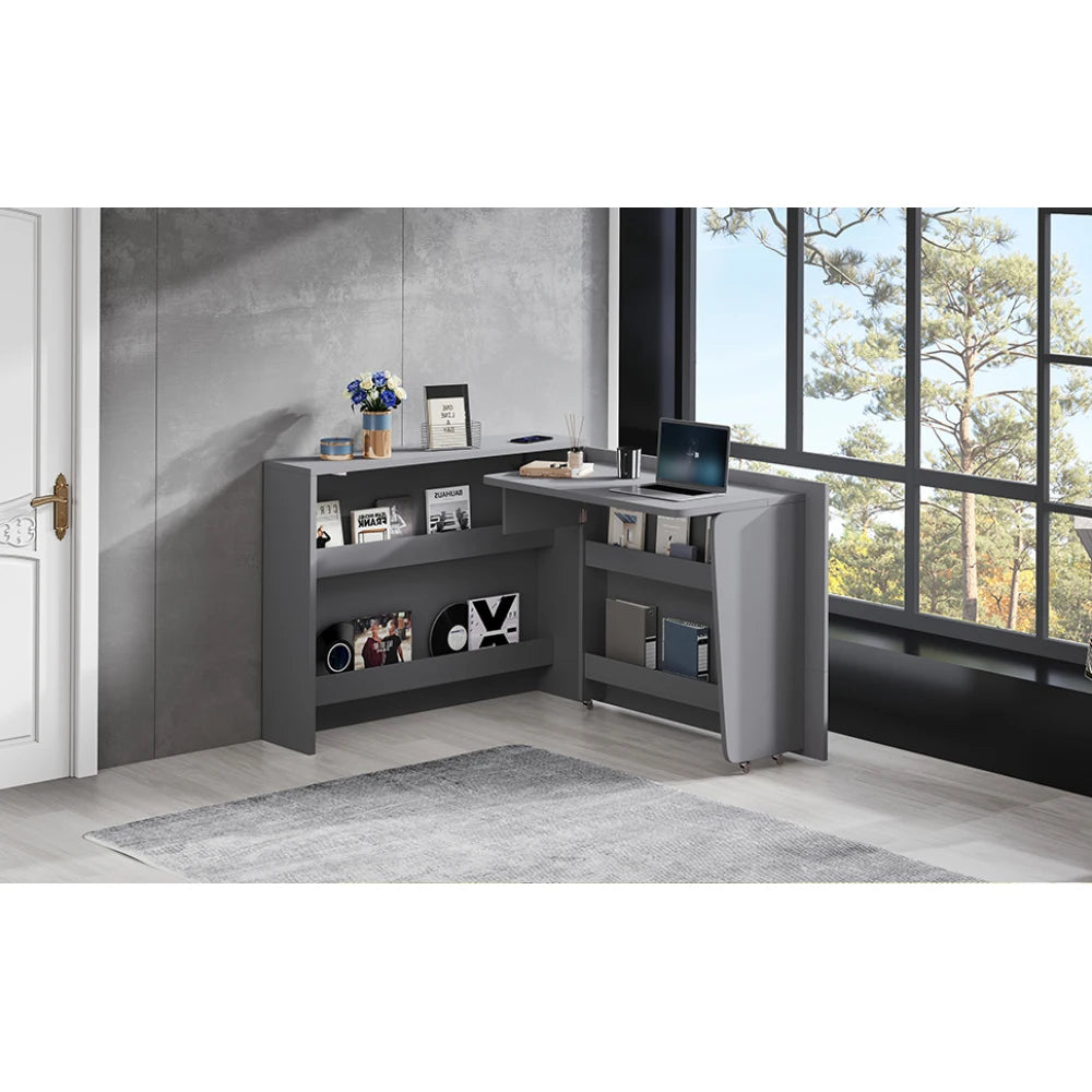 Klappbarer Schreibtisch mit Rollen und kabellosem Ladegerät – 2-in-1-Sideboard und Arbeitsplatz, mit Regal und Kippschutz, Rollen mit Bremstisch