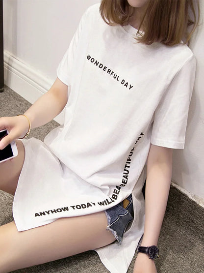 WONDERFUL DAY Print Long T shirts Summer Women Loose Slit Femme Tops  Tshirt Short sleeve Ladies t-shirt.