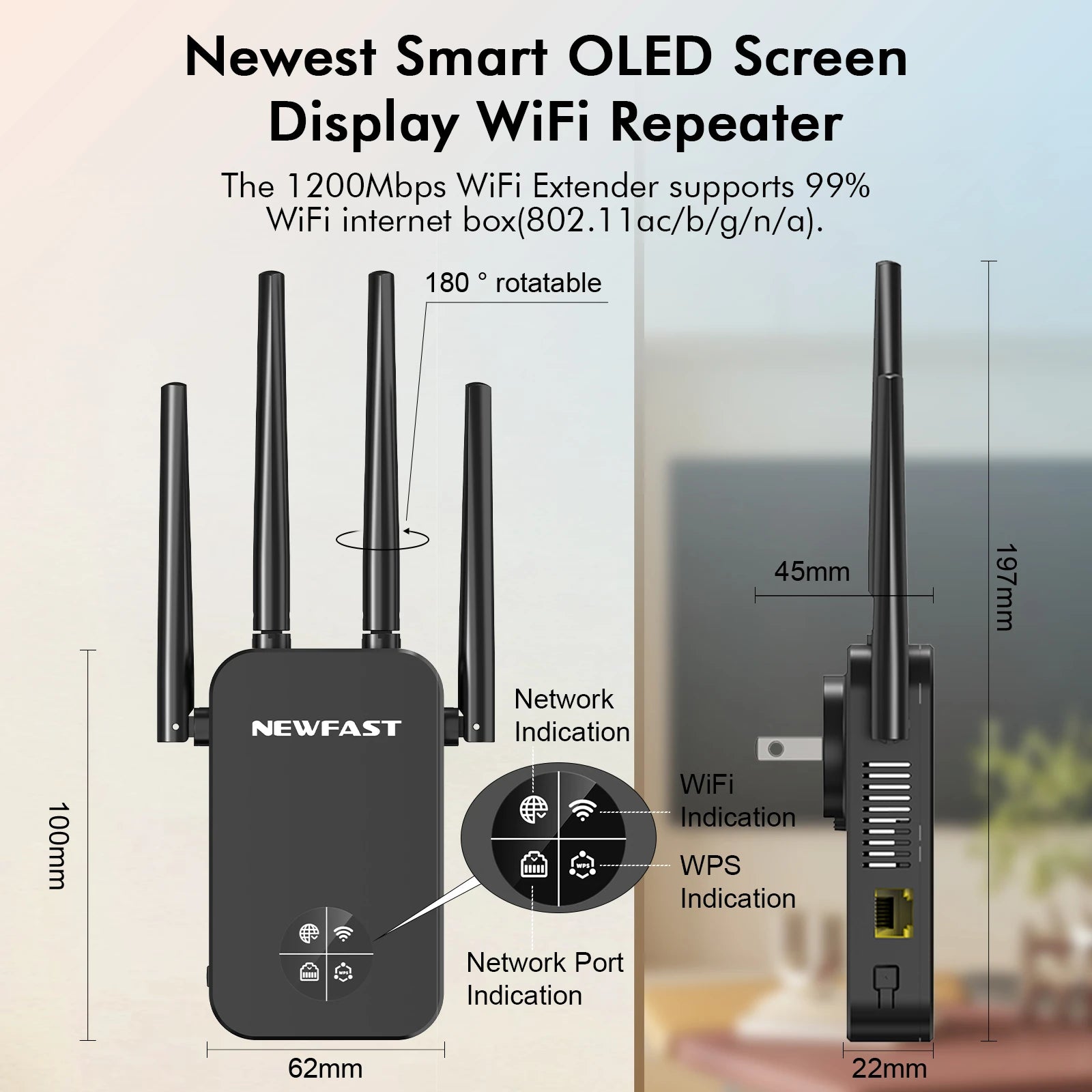 Comfast 1200Mbps Wifi Repeater 2.4/5G Dual-band Wireless WIFI Extender Smart Screen Home Router 4 Antennas WPS/RESET EU Plug.