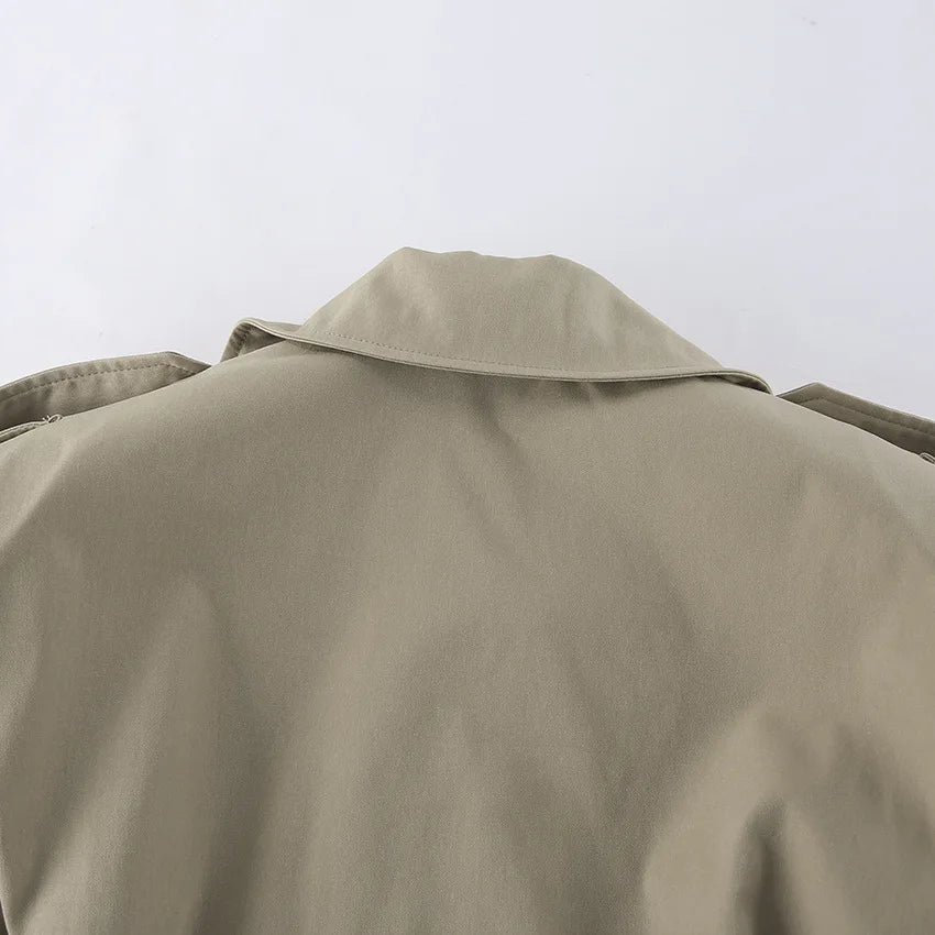 2025 Women Fall Lace-up Cropped Trench Coat Fashion Lapel Long Sleeves Wide Shoulder Windbreaker Jacket Commuting Daily Jackets.