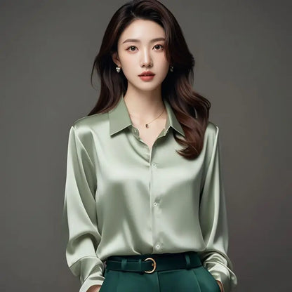 Elegant Silk Office Shirts Women Korean Fashion Y2k Clothes Slim Long Sleeve White Black Blusas Mujer Workwear Tops and Blouses